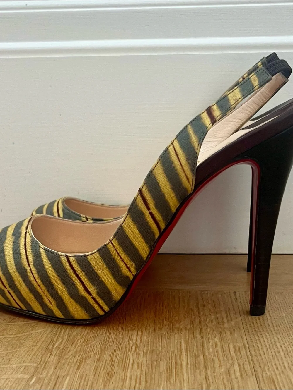 Christian Louboutin Striped Multicolor Peep-Toe Slingback Heels Size US 7/EU 37